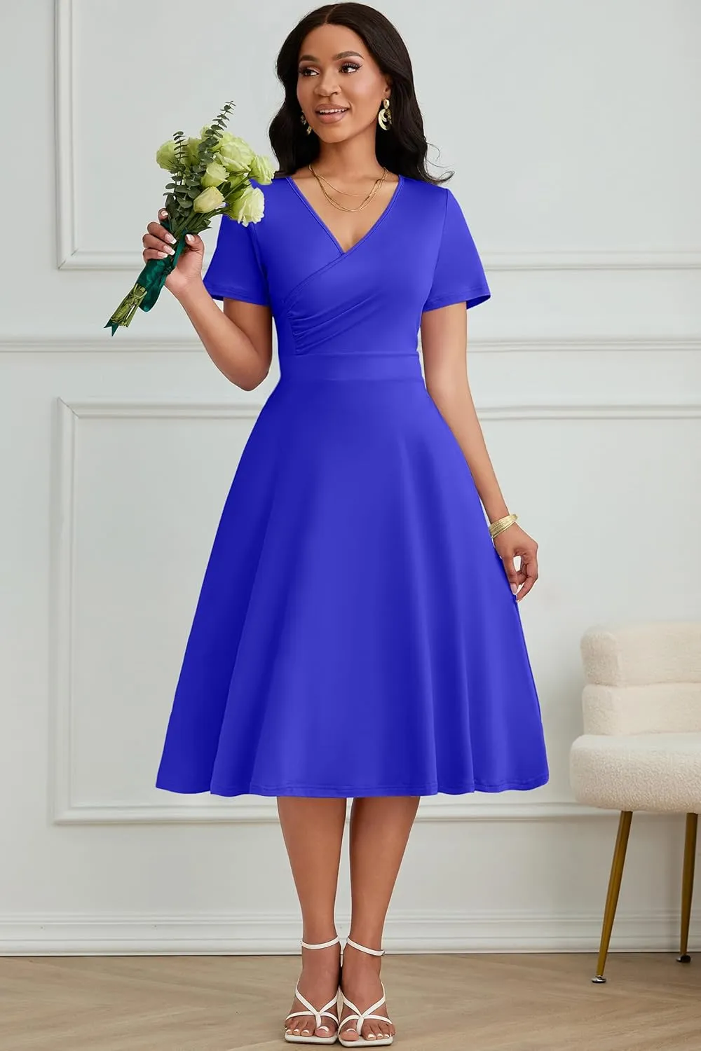 Nmoder Casual Wrap Midi Dresses for Women Wedding Guest Cocktail Tea A-Line Swing Dresses V Neck Short Sleeve with Pockets