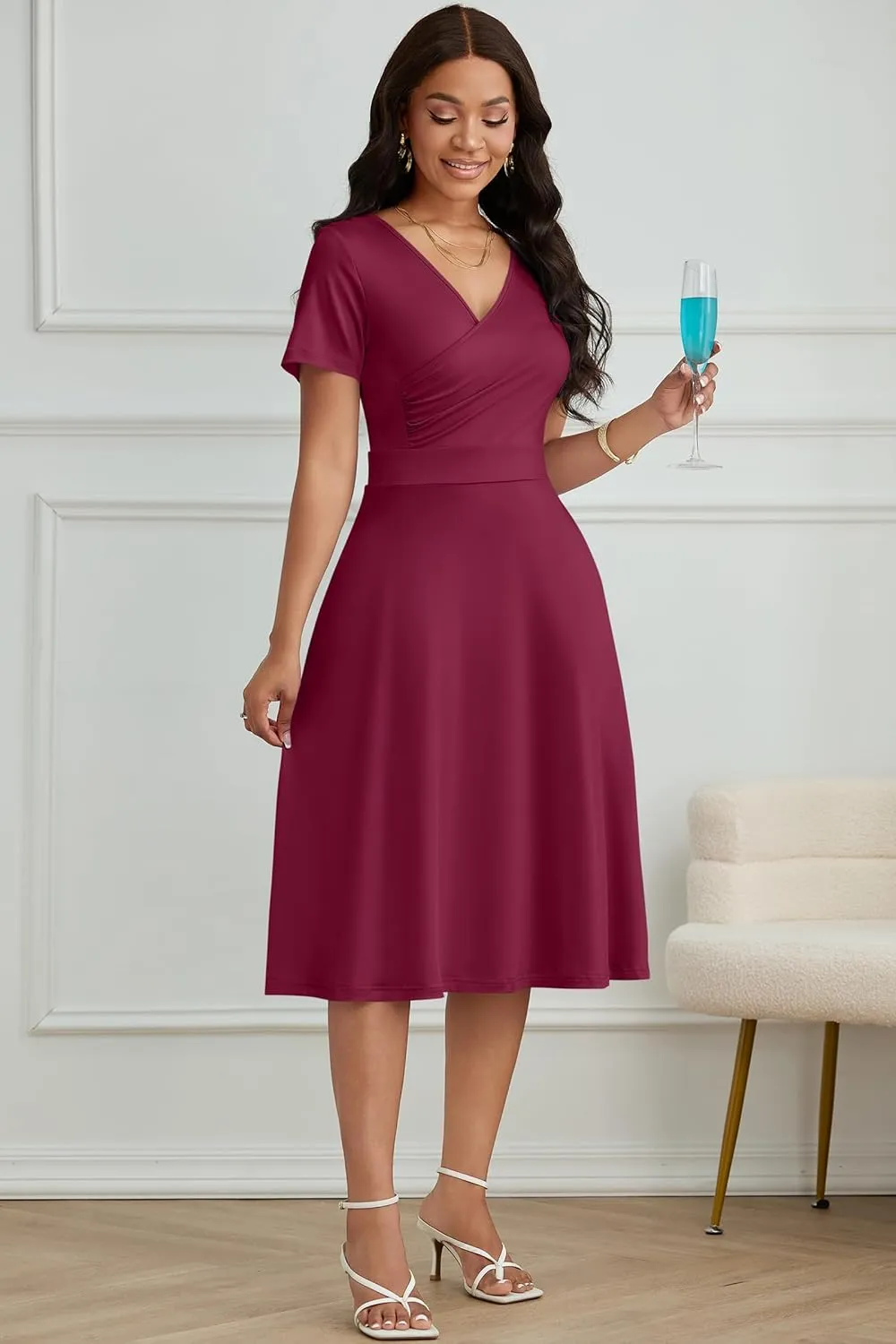 Nmoder Casual Wrap Midi Dresses for Women Wedding Guest Cocktail Tea A-Line Swing Dresses V Neck Short Sleeve with Pockets