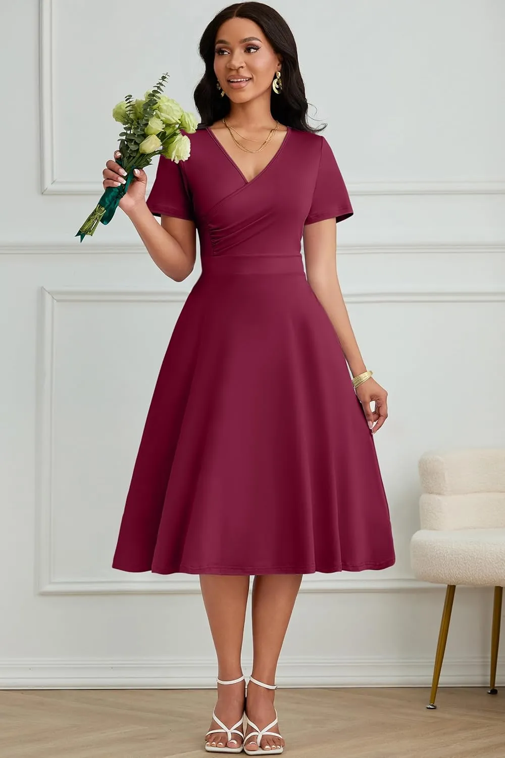 Nmoder Casual Wrap Midi Dresses for Women Wedding Guest Cocktail Tea A-Line Swing Dresses V Neck Short Sleeve with Pockets