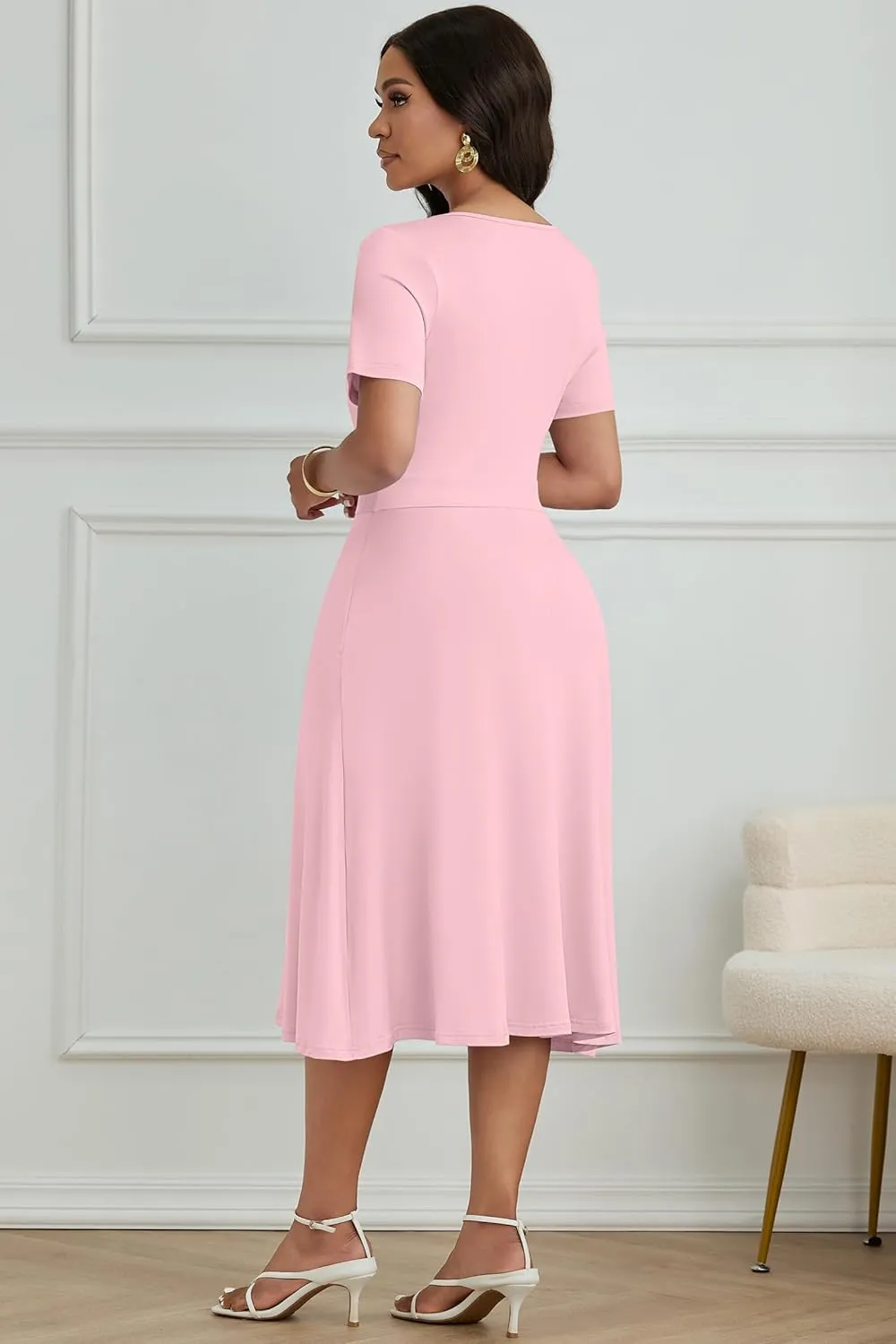 Nmoder Casual Wrap Midi Dresses for Women Wedding Guest Cocktail Tea A-Line Swing Dresses V Neck Short Sleeve with Pockets