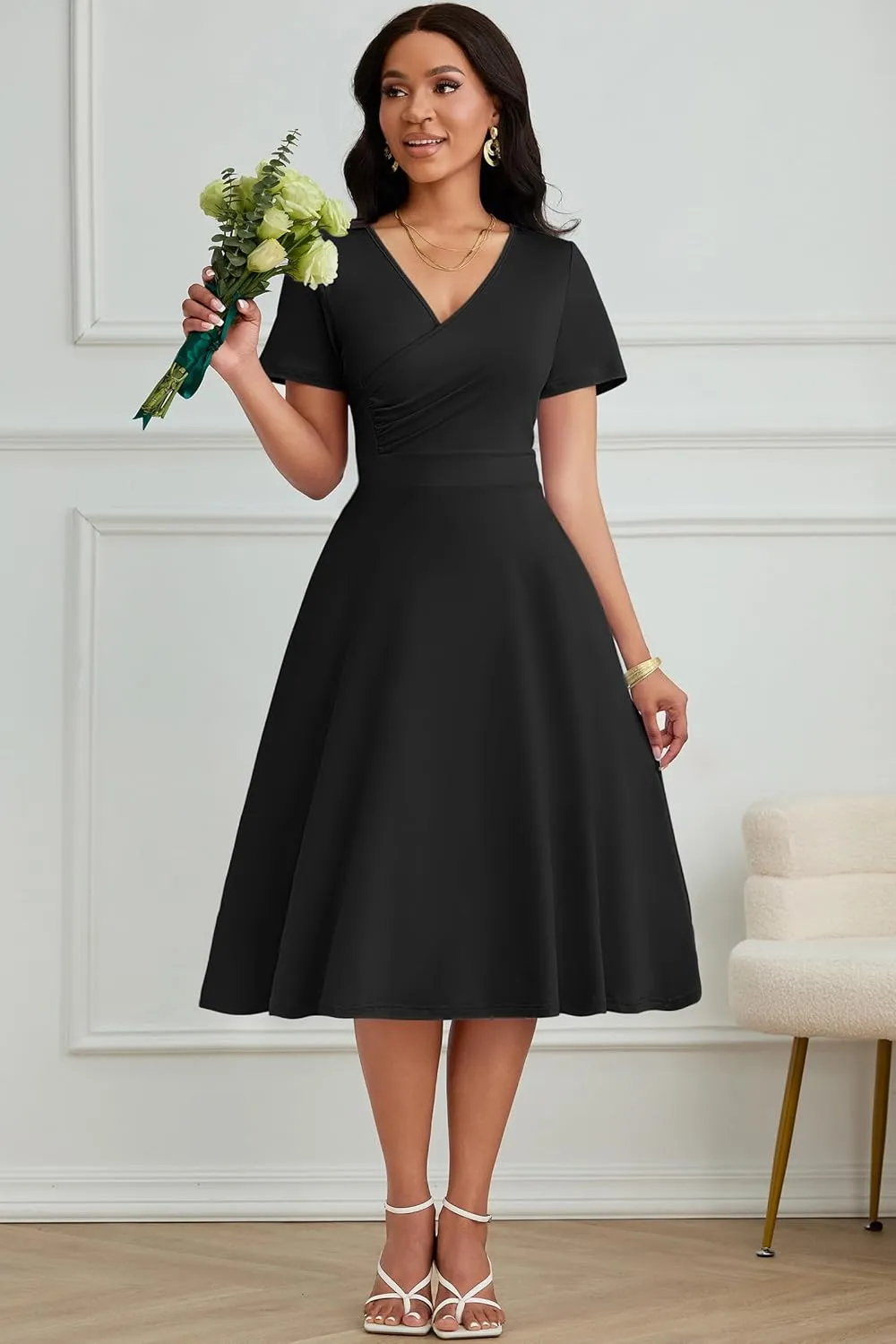 Nmoder Casual Wrap Midi Dresses for Women Wedding Guest Cocktail Tea A-Line Swing Dresses V Neck Short Sleeve with Pockets