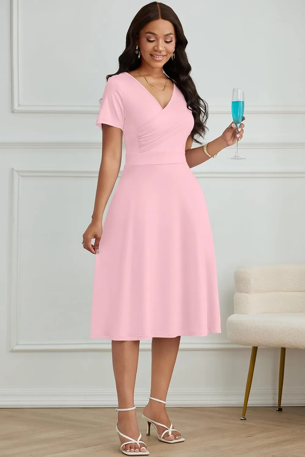 Nmoder Casual Wrap Midi Dresses for Women Wedding Guest Cocktail Tea A-Line Swing Dresses V Neck Short Sleeve with Pockets