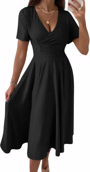 Nmoder Casual Wrap Midi Dresses for Women Wedding Guest Cocktail Tea A-Line Swing Dresses V Neck Short Sleeve with Pockets