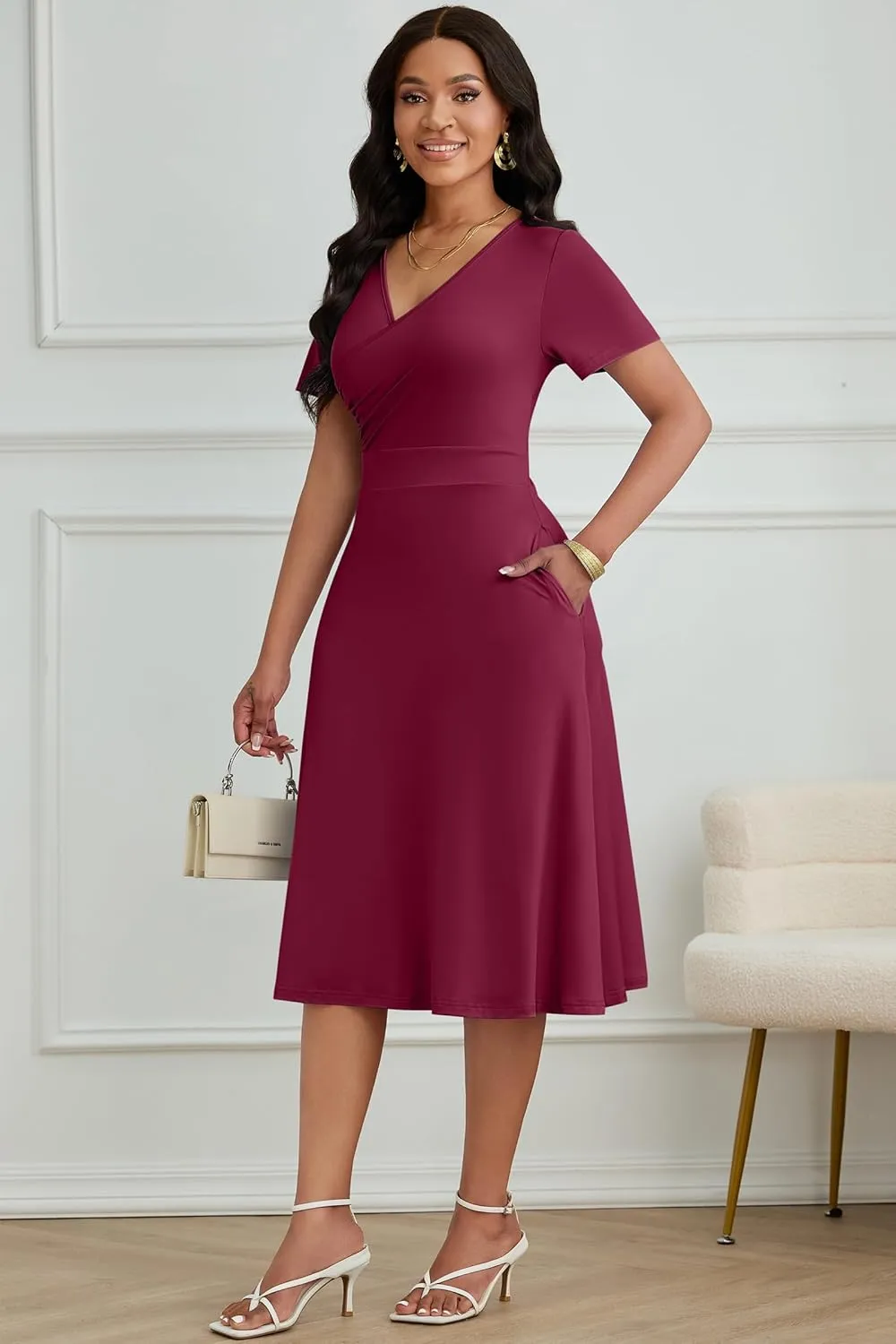 Nmoder Casual Wrap Midi Dresses for Women Wedding Guest Cocktail Tea A-Line Swing Dresses V Neck Short Sleeve with Pockets