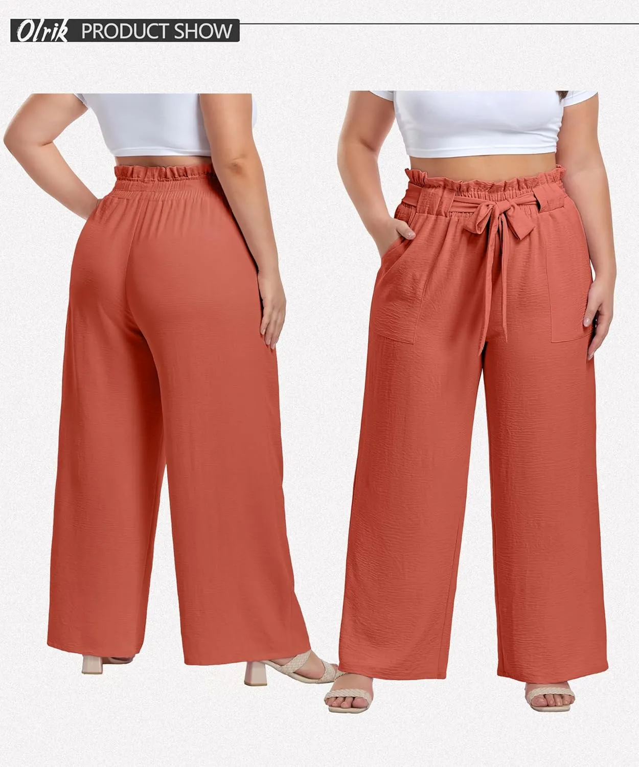 OLRIK Women's Plus Size Pants Summer High Waisted Wide Leg Casual Trousers with Pockets Self-Tie Belt (1X-5X)