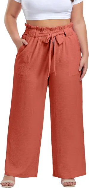 OLRIK Women's Plus Size Pants Summer High Waisted Wide Leg Casual Trousers with Pockets Self-Tie Belt (1X-5X)