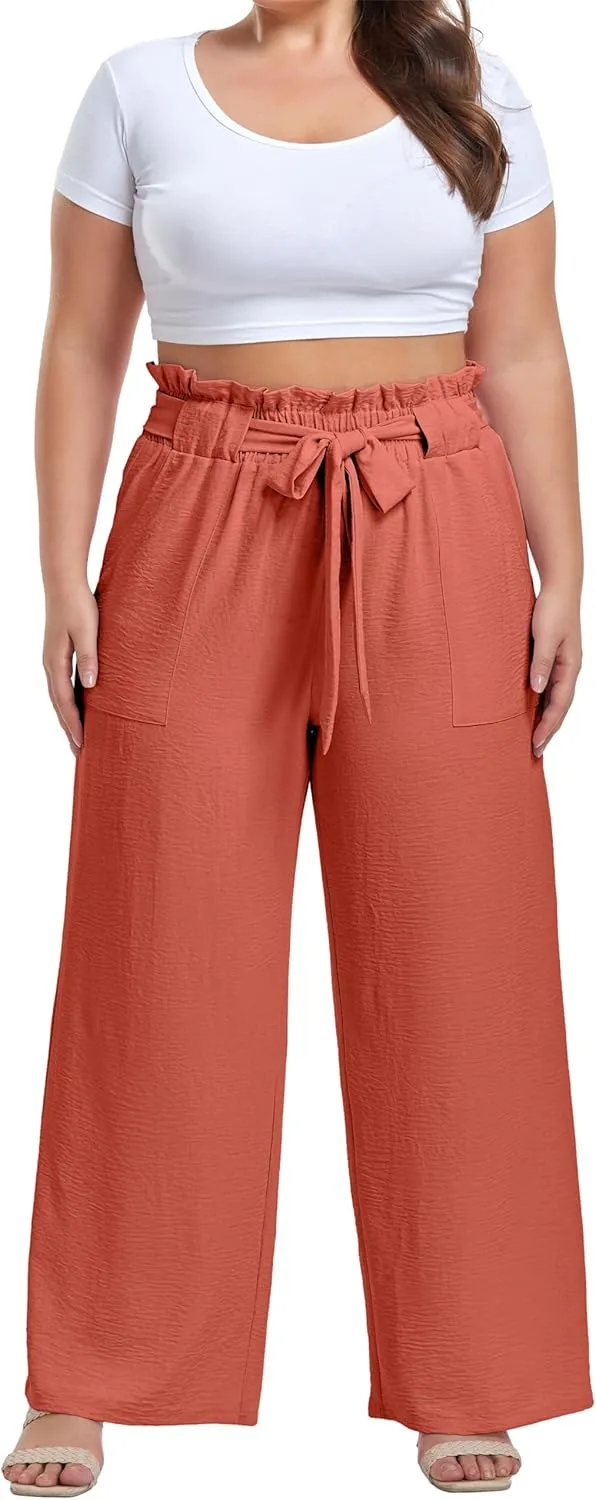 OLRIK Women's Plus Size Pants Summer High Waisted Wide Leg Casual Trousers with Pockets Self-Tie Belt (1X-5X)