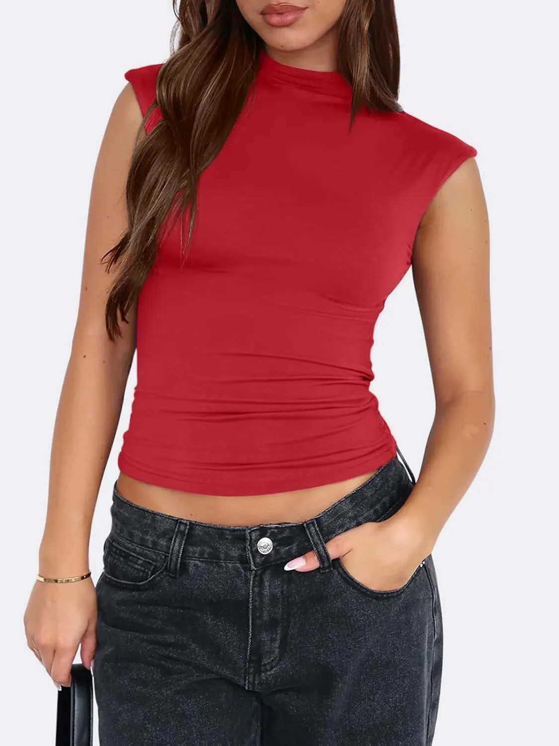 PINKMSTYLE Womens Sleeveless Mock Turtle Neck Tops Double Lined Tank Tops 2025 Basic Tight Shirts