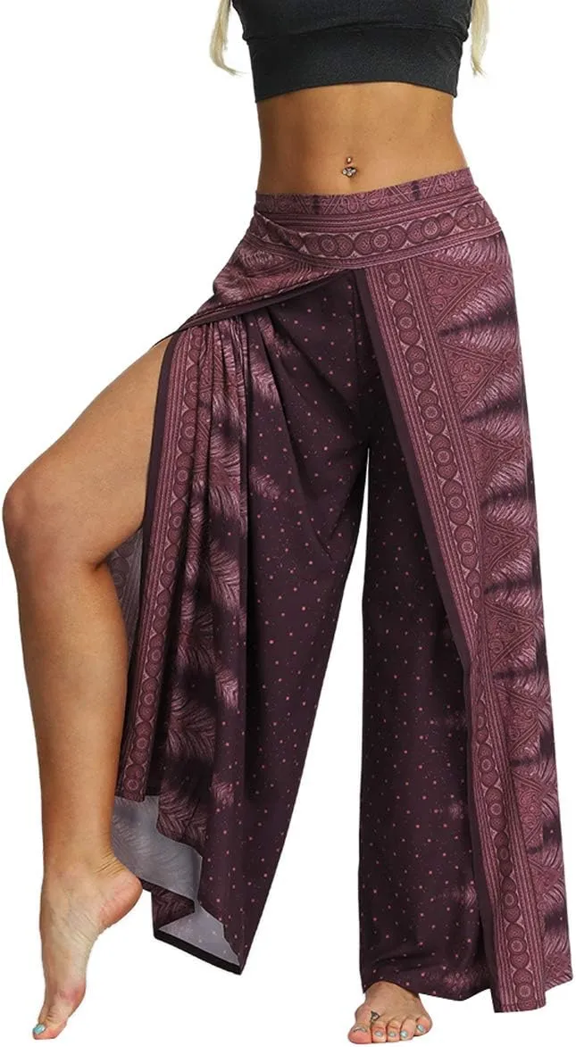 Plustrong Womens Slit Wide Leg Pants Casual Hippie Beach Boho Pilate Flowy Palazzo Yoga Pants