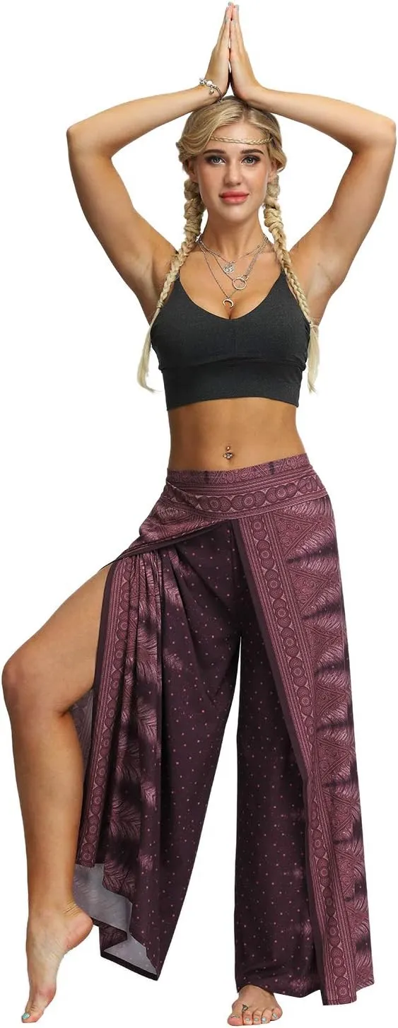 Plustrong Womens Slit Wide Leg Pants Casual Hippie Beach Boho Pilate Flowy Palazzo Yoga Pants