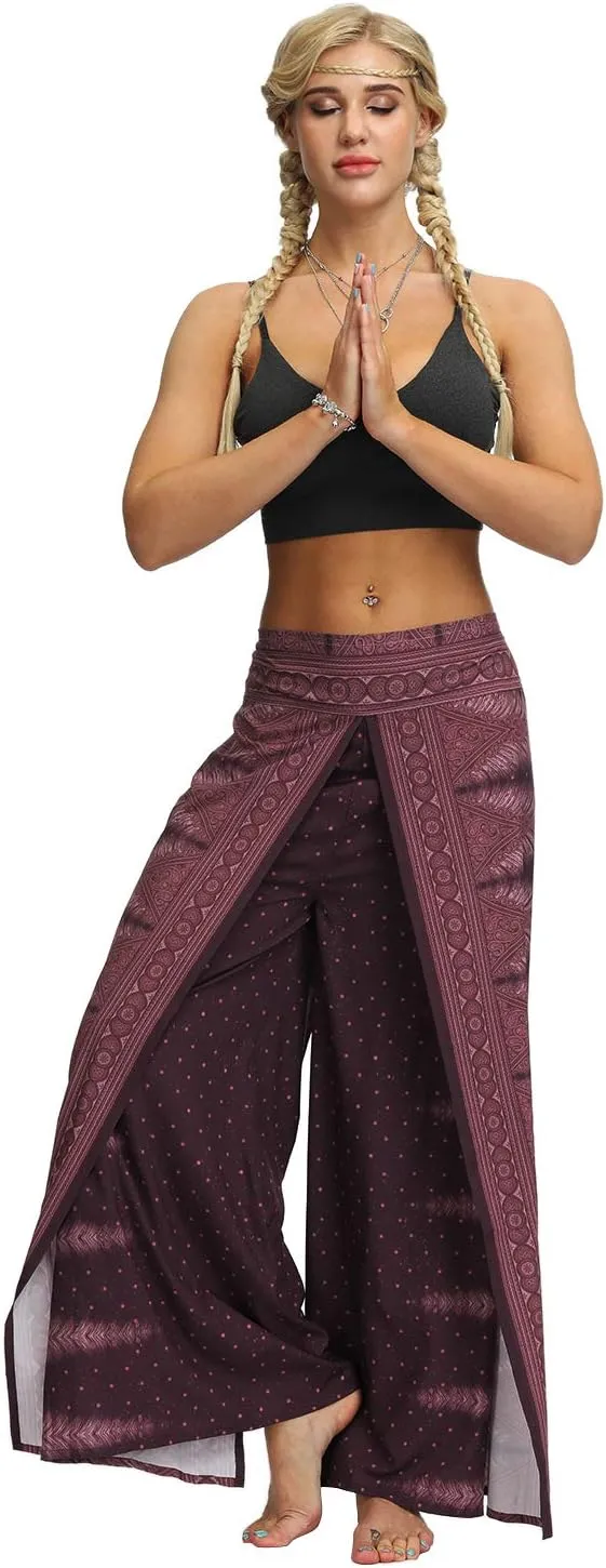 Plustrong Womens Slit Wide Leg Pants Casual Hippie Beach Boho Pilate Flowy Palazzo Yoga Pants