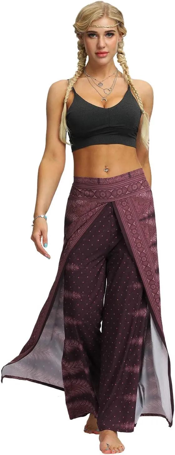 Plustrong Womens Slit Wide Leg Pants Casual Hippie Beach Boho Pilate Flowy Palazzo Yoga Pants