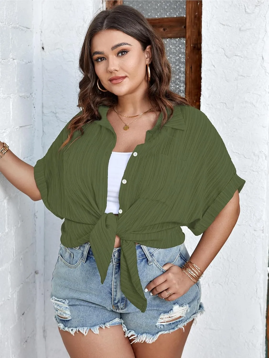 SCOMCHIC Women Plus Size Button Down Short Sleeve Shirts Collared Textured Summer Blouse Casual Tops with Pockets