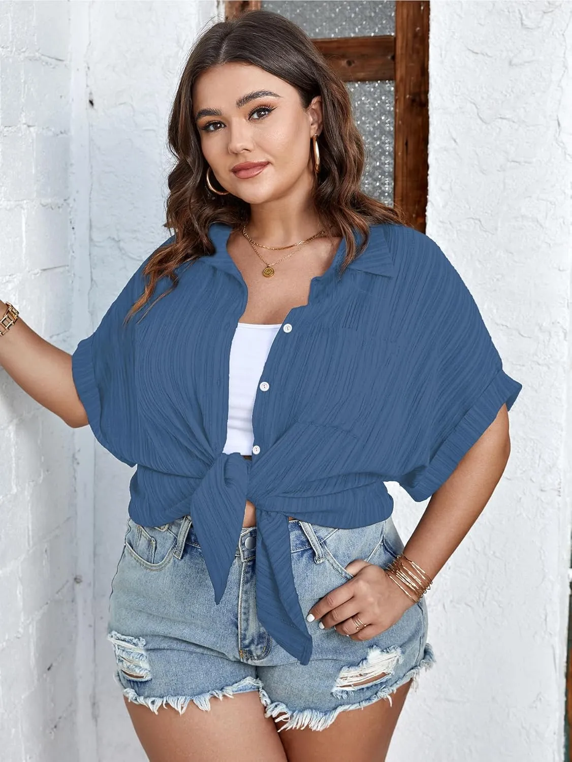SCOMCHIC Women Plus Size Button Down Short Sleeve Shirts Collared Textured Summer Blouse Casual Tops with Pockets