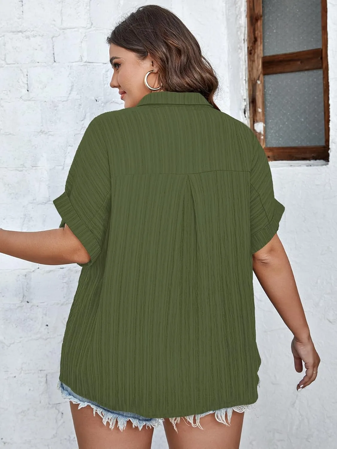 SCOMCHIC Women Plus Size Button Down Short Sleeve Shirts Collared Textured Summer Blouse Casual Tops with Pockets