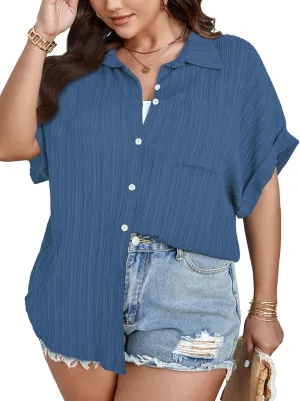 SCOMCHIC Women Plus Size Button Down Short Sleeve Shirts Collared Textured Summer Blouse Casual Tops with Pockets