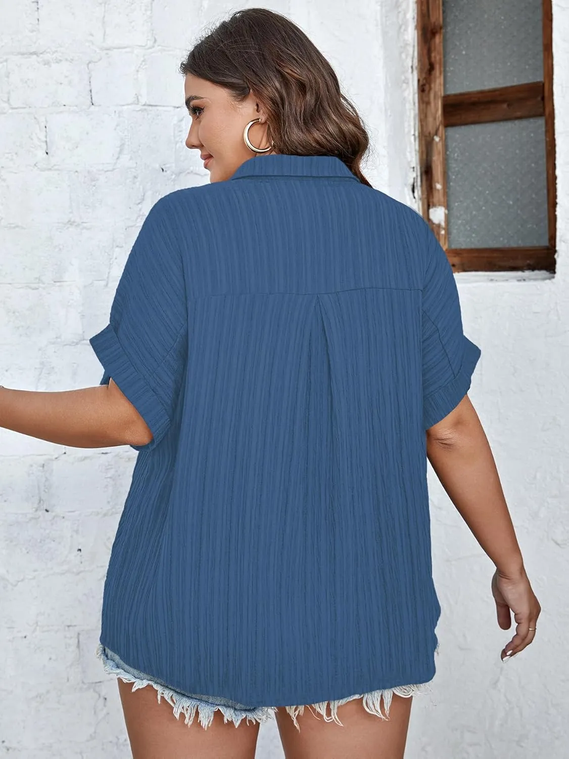 SCOMCHIC Women Plus Size Button Down Short Sleeve Shirts Collared Textured Summer Blouse Casual Tops with Pockets