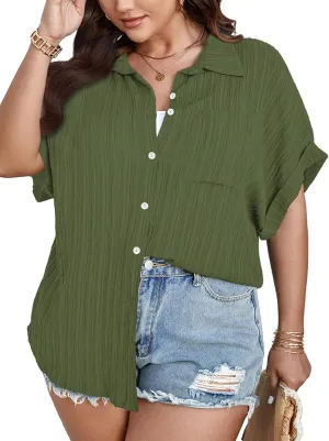 SCOMCHIC Women Plus Size Button Down Short Sleeve Shirts Collared Textured Summer Blouse Casual Tops with Pockets