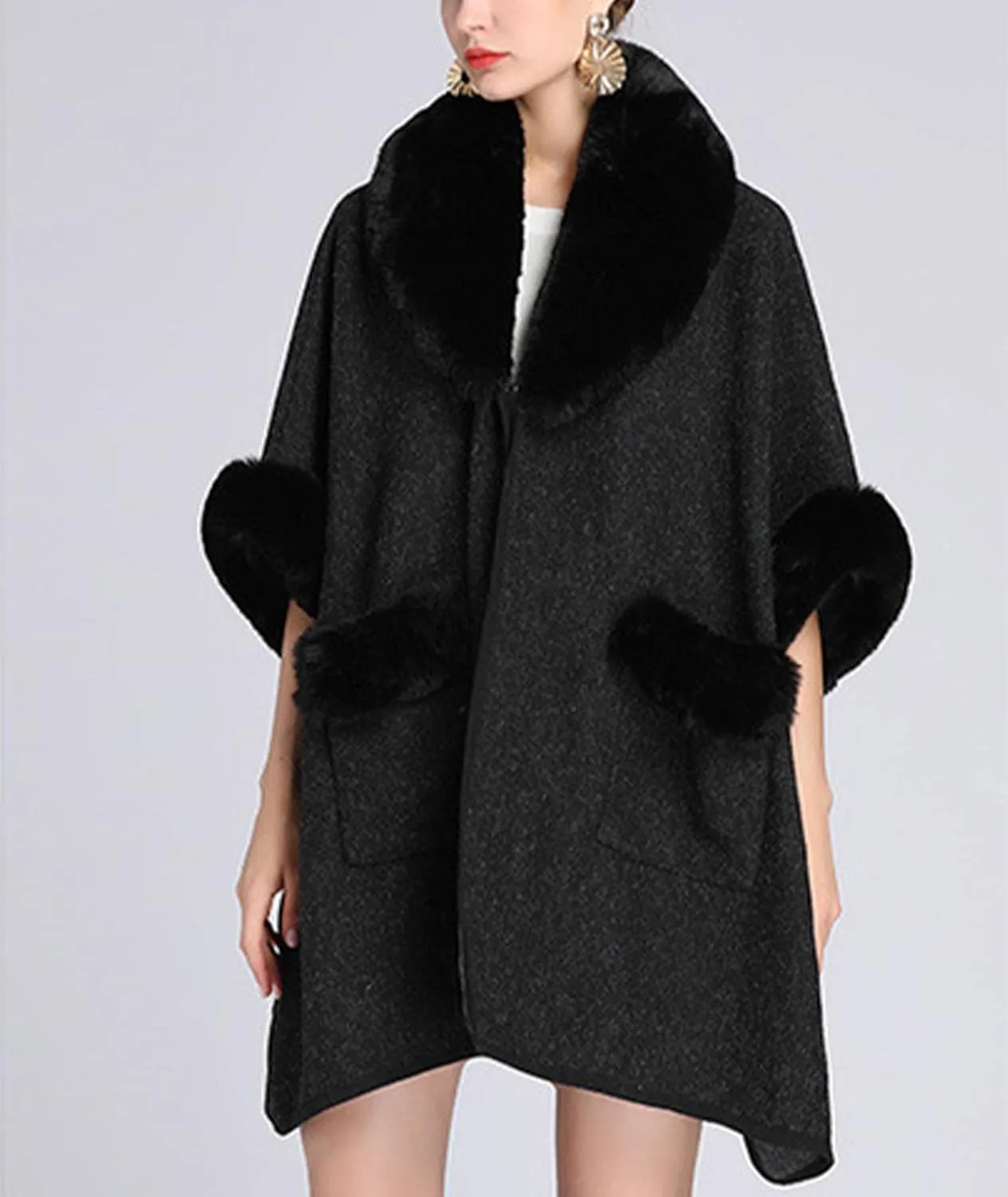 Sexyshine Women's Faux Fur Trim Cloak Poncho Coat Batwing Sleeve Pocket Oversized Woolen Shawl Wrap Cape Jacket
