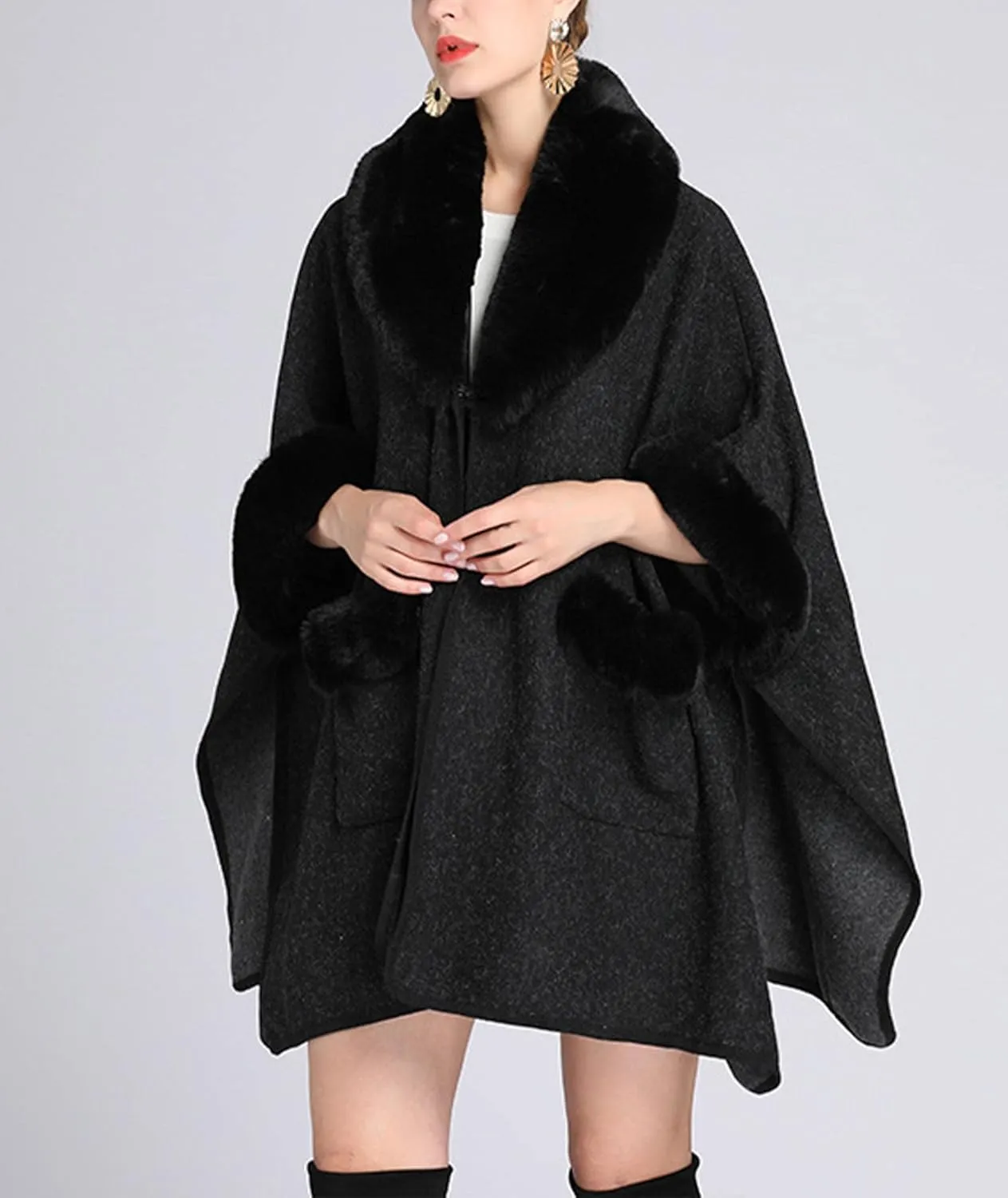 Sexyshine Women's Faux Fur Trim Cloak Poncho Coat Batwing Sleeve Pocket Oversized Woolen Shawl Wrap Cape Jacket
