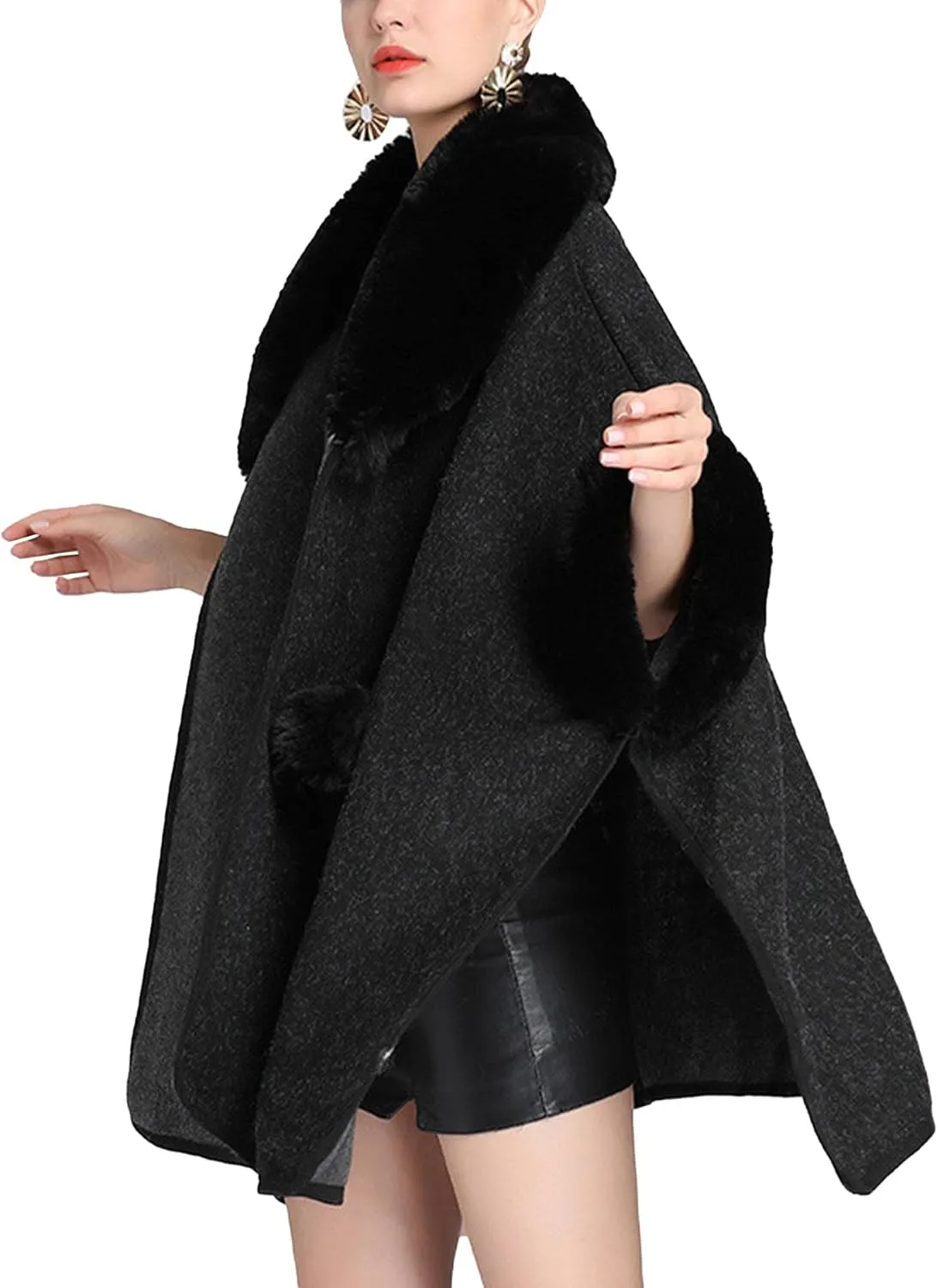 Sexyshine Women's Faux Fur Trim Cloak Poncho Coat Batwing Sleeve Pocket Oversized Woolen Shawl Wrap Cape Jacket