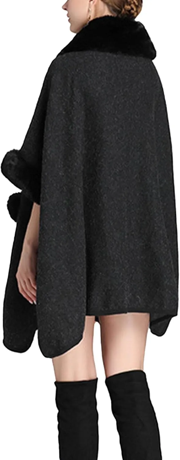 Sexyshine Women's Faux Fur Trim Cloak Poncho Coat Batwing Sleeve Pocket Oversized Woolen Shawl Wrap Cape Jacket
