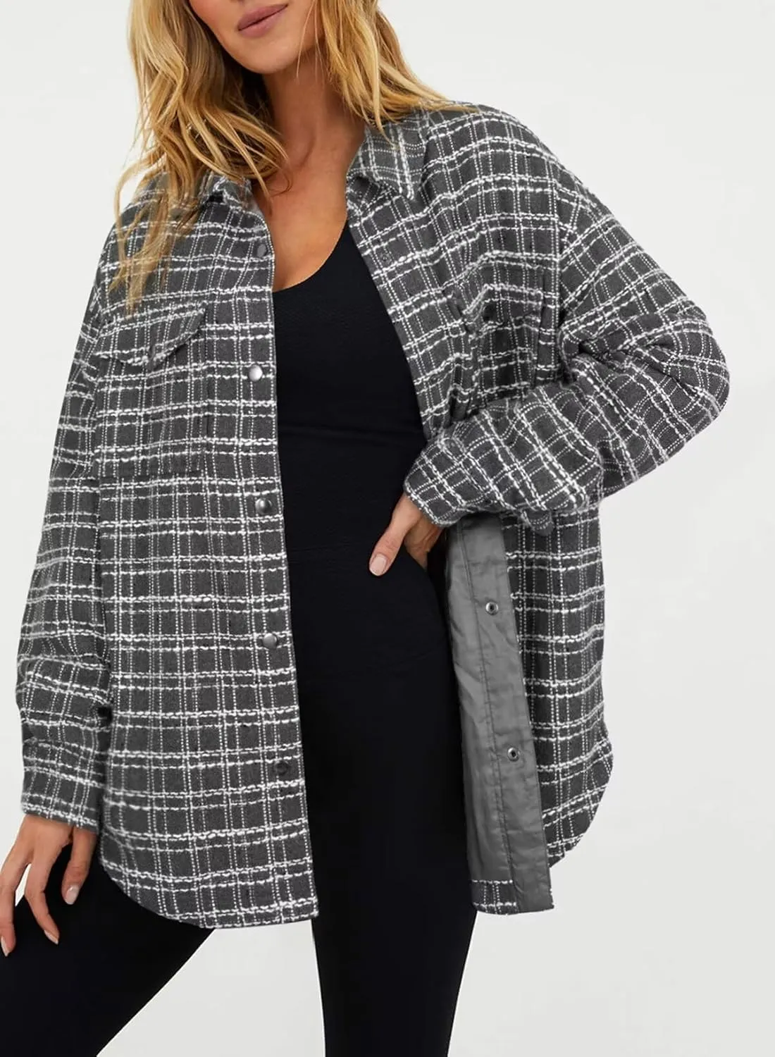 SHEWIN Women 2024 Long Sleeve Button Down Shackets Fashion Plaid Pocket Shirts Jacket