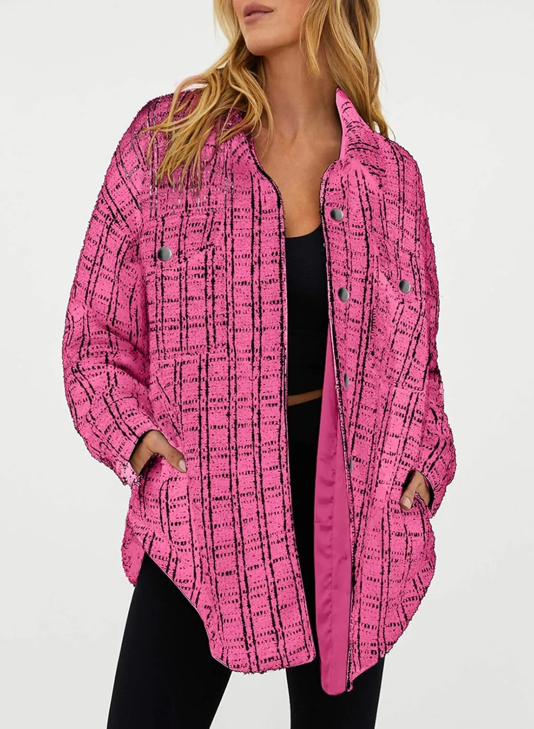 SHEWIN Women 2024 Long Sleeve Button Down Shackets Fashion Plaid Pocket Shirts Jacket