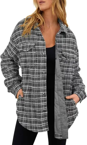 SHEWIN Women 2024 Long Sleeve Button Down Shackets Fashion Plaid Pocket Shirts Jacket
