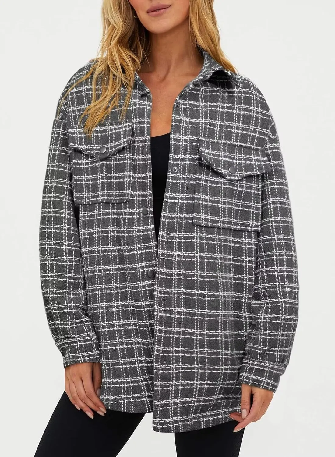 SHEWIN Women 2024 Long Sleeve Button Down Shackets Fashion Plaid Pocket Shirts Jacket
