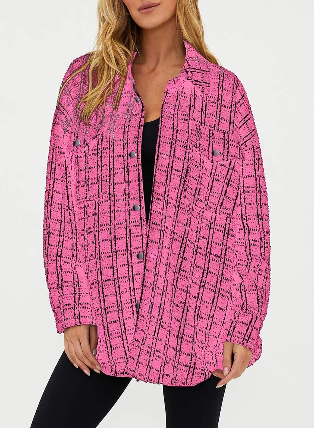 SHEWIN Women 2024 Long Sleeve Button Down Shackets Fashion Plaid Pocket Shirts Jacket