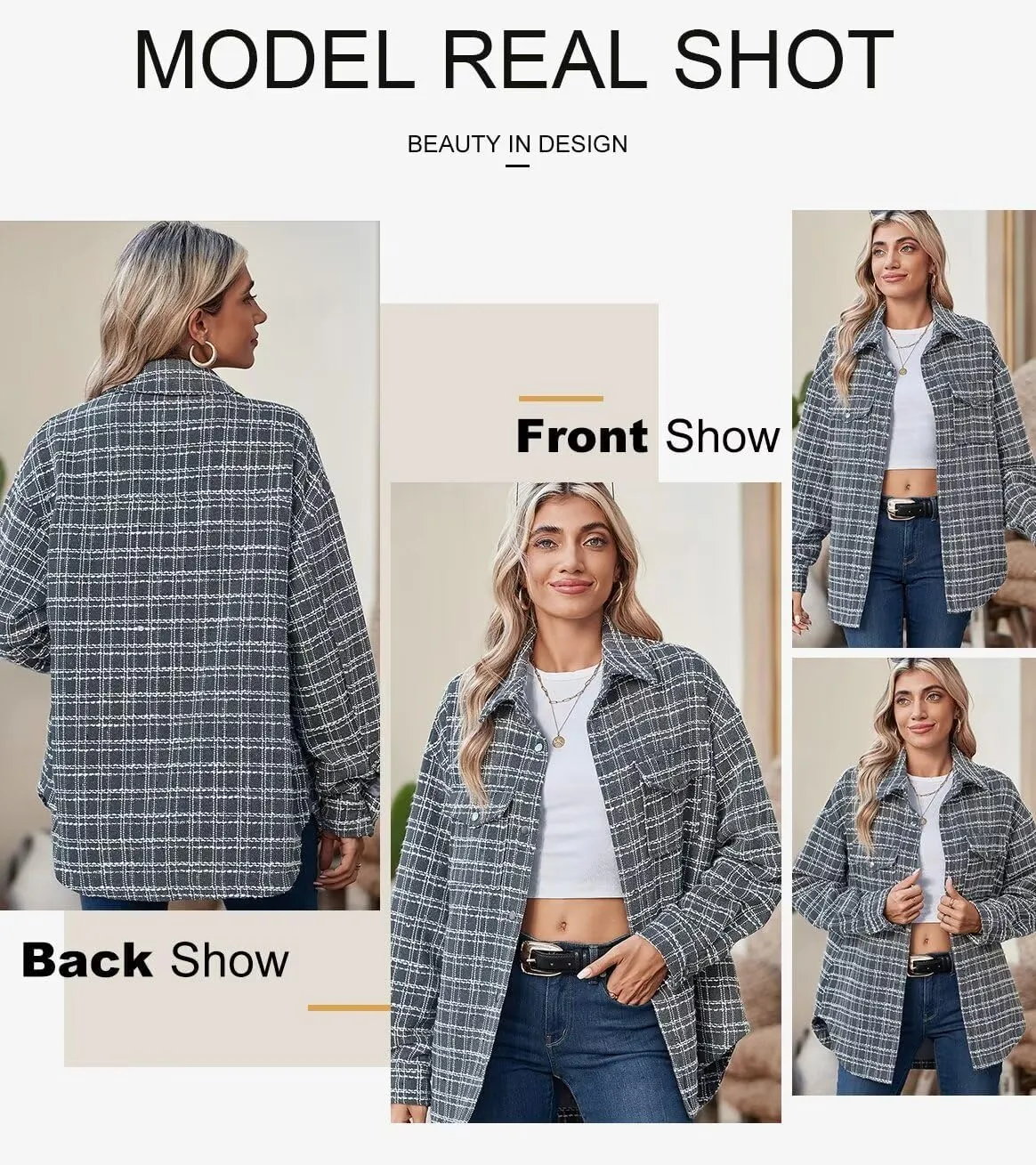 SHEWIN Women 2024 Long Sleeve Button Down Shackets Fashion Plaid Pocket Shirts Jacket