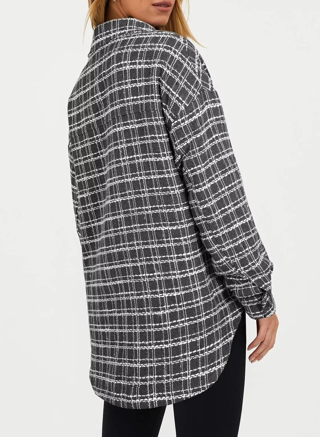 SHEWIN Women 2024 Long Sleeve Button Down Shackets Fashion Plaid Pocket Shirts Jacket