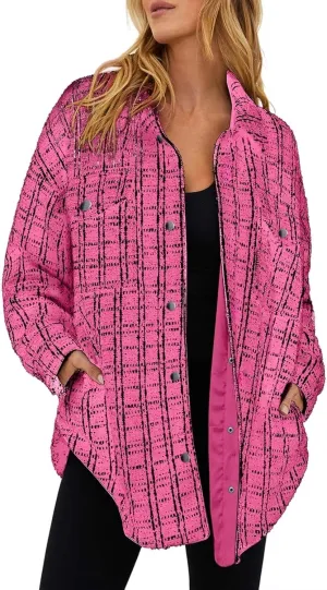 SHEWIN Women 2024 Long Sleeve Button Down Shackets Fashion Plaid Pocket Shirts Jacket