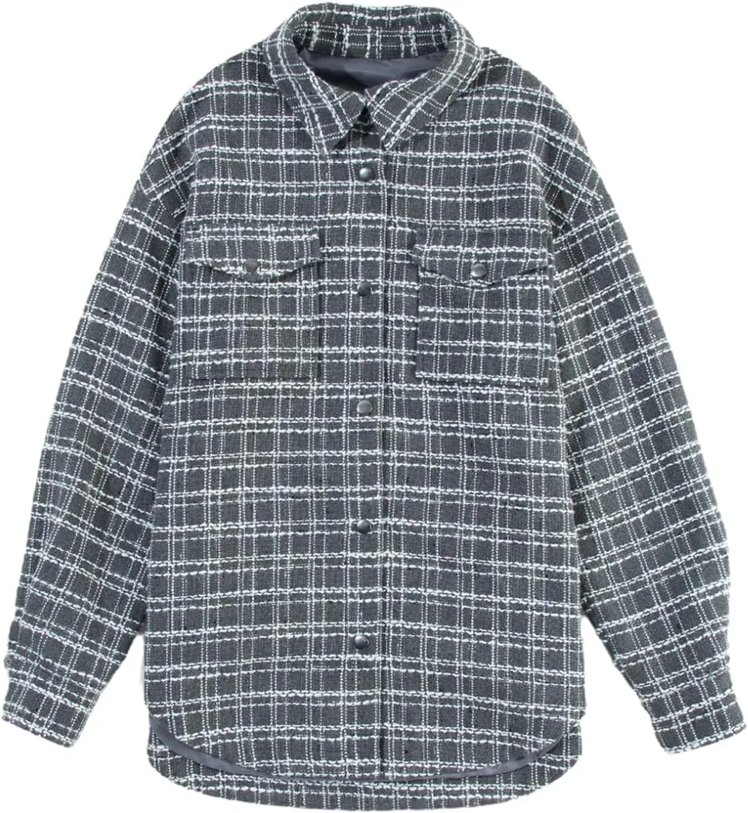 SHEWIN Women 2024 Long Sleeve Button Down Shackets Fashion Plaid Pocket Shirts Jacket