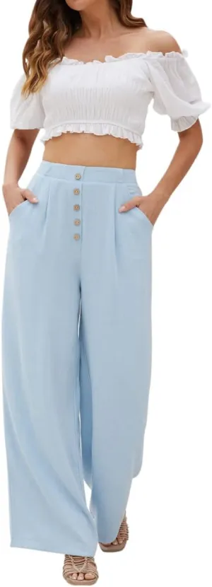 SVALIY Women Flowy Pants Cotton Linen Wide Leg Palazzo Pants Long Lounge Slacks High Waist Button Trousers Pocket