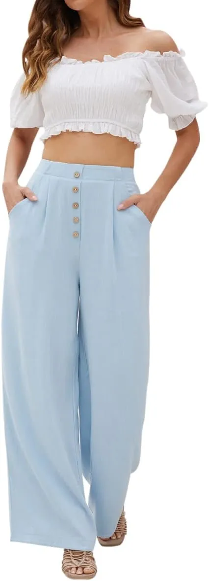 SVALIY Women Flowy Pants Cotton Linen Wide Leg Palazzo Pants Long Lounge Slacks High Waist Button Trousers Pocket