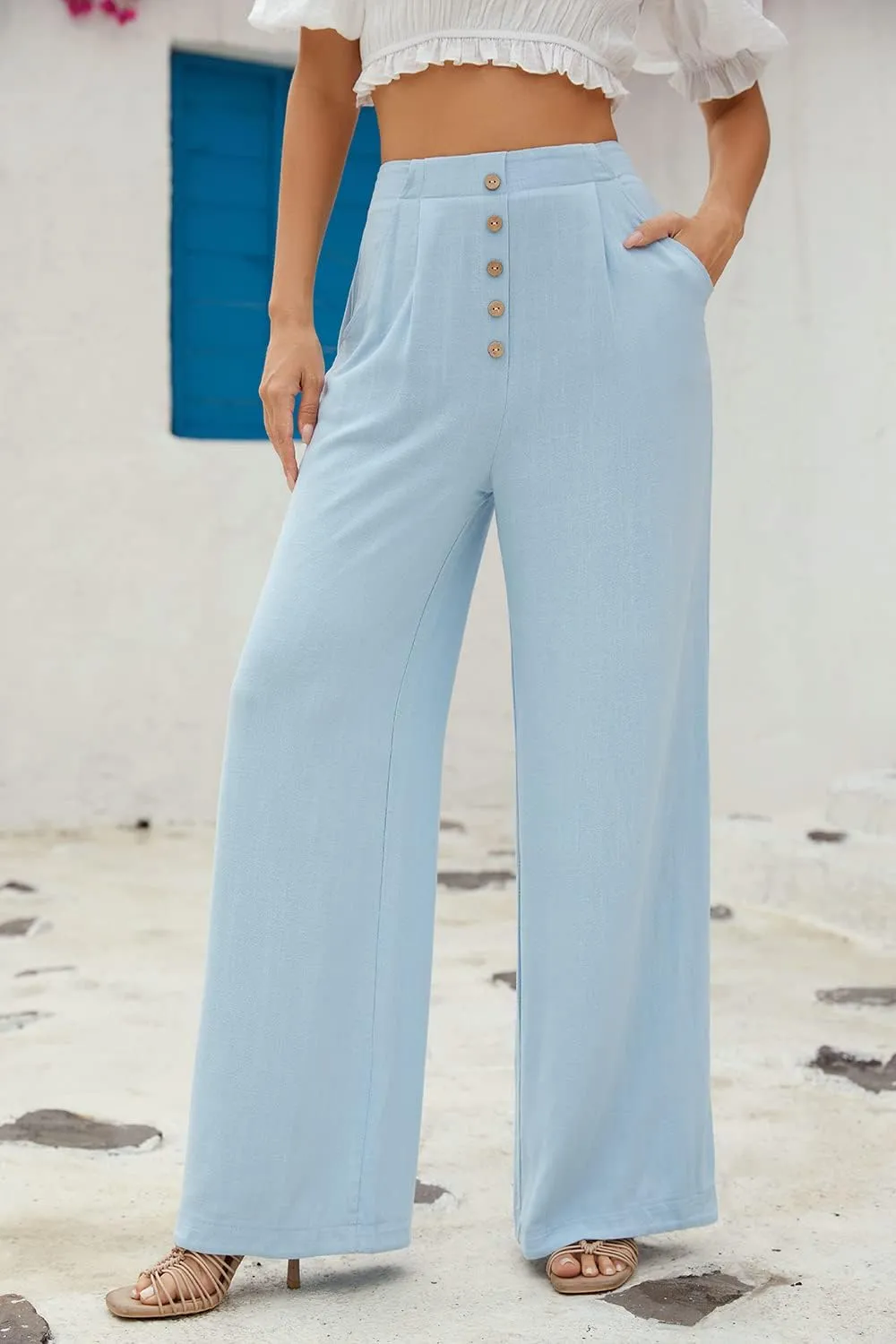 SVALIY Women Flowy Pants Cotton Linen Wide Leg Palazzo Pants Long Lounge Slacks High Waist Button Trousers Pocket