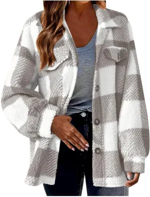 TWGONE Womens Plaid Shacket Jacket Fleece Lapel Button Down Jackets Casual Long Sleeve Flannel Coats Winter Warm Clothes