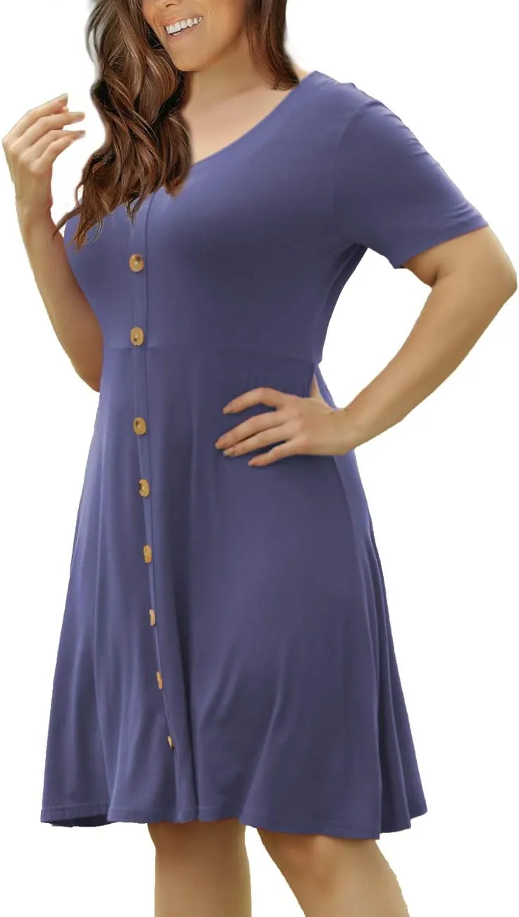 VOIANLIMO Womens Summer Plus Size Short Sleeve Button Down Causal Dress