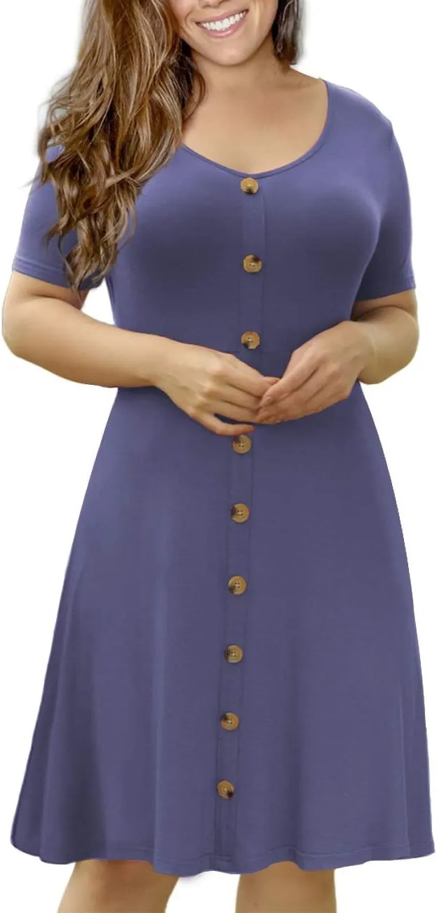 VOIANLIMO Womens Summer Plus Size Short Sleeve Button Down Causal Dress