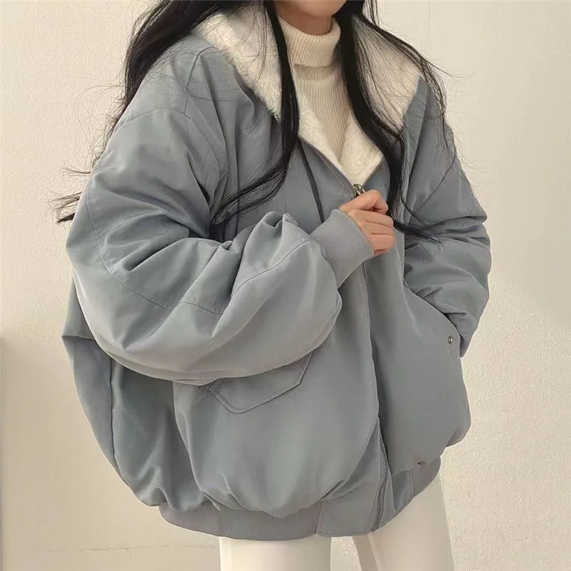 Wenkouban winter outfits men Christmas outfits winter outfits  Black Friday Fleece-lined Thickened Double-Sided Lamb Wool Cotton-Padded Coat Women's Coat Autumn and Winter Zipper Hooded Cotton-Padded Coat Top