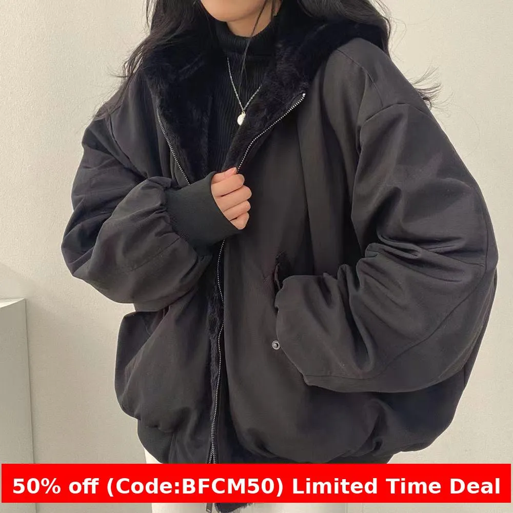 Wenkouban winter outfits men Christmas outfits winter outfits  Black Friday Fleece-lined Thickened Double-Sided Lamb Wool Cotton-Padded Coat Women's Coat Autumn and Winter Zipper Hooded Cotton-Padded Coat Top