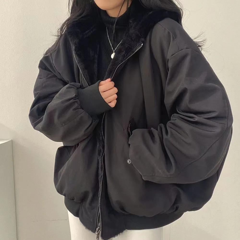 Wenkouban winter outfits men Christmas outfits winter outfits  Black Friday Fleece-lined Thickened Double-Sided Lamb Wool Cotton-Padded Coat Women's Coat Autumn and Winter Zipper Hooded Cotton-Padded Coat Top