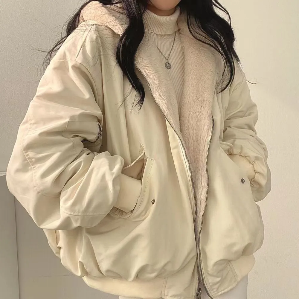 Wenkouban winter outfits men Christmas outfits winter outfits  Black Friday Fleece-lined Thickened Double-Sided Lamb Wool Cotton-Padded Coat Women's Coat Autumn and Winter Zipper Hooded Cotton-Padded Coat Top