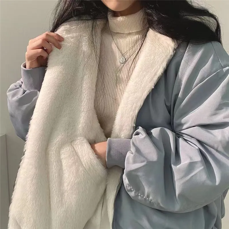 Wenkouban winter outfits men Christmas outfits winter outfits  Black Friday Fleece-lined Thickened Double-Sided Lamb Wool Cotton-Padded Coat Women's Coat Autumn and Winter Zipper Hooded Cotton-Padded Coat Top