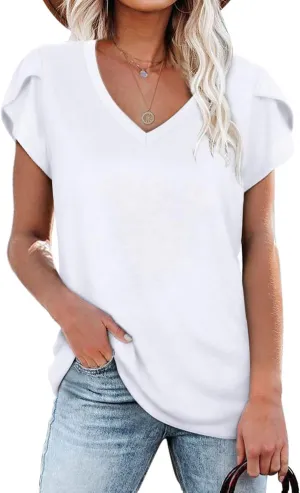 WNEEDU Womens T Shirts Petal Sleeve V Neck Casual Tees Summer Basic Tops