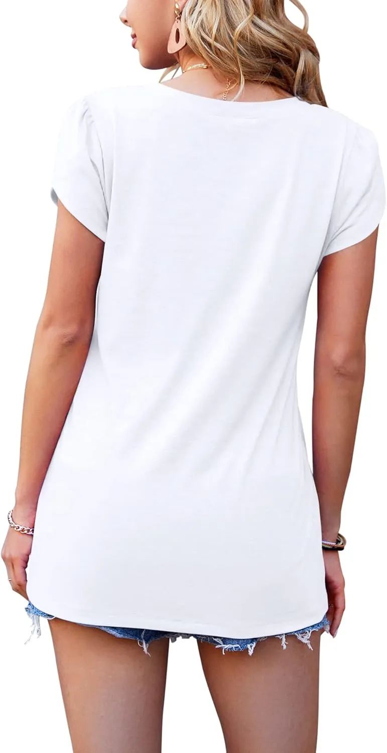 WNEEDU Womens T Shirts Petal Sleeve V Neck Casual Tees Summer Basic Tops