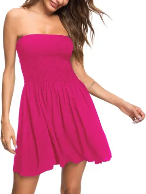 Women's Cover Up Tie Shoulder Frill Smocked High Waist Dresses Tube Top Beach Mini Dress 6605