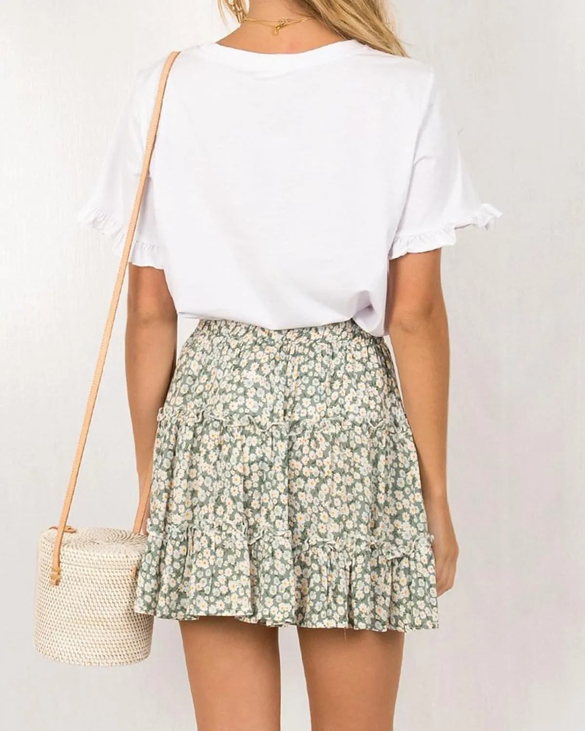 Women's High Waisted Floral Mini Skirt Drawstring Boho Print Ruffle Summer Short Skirts